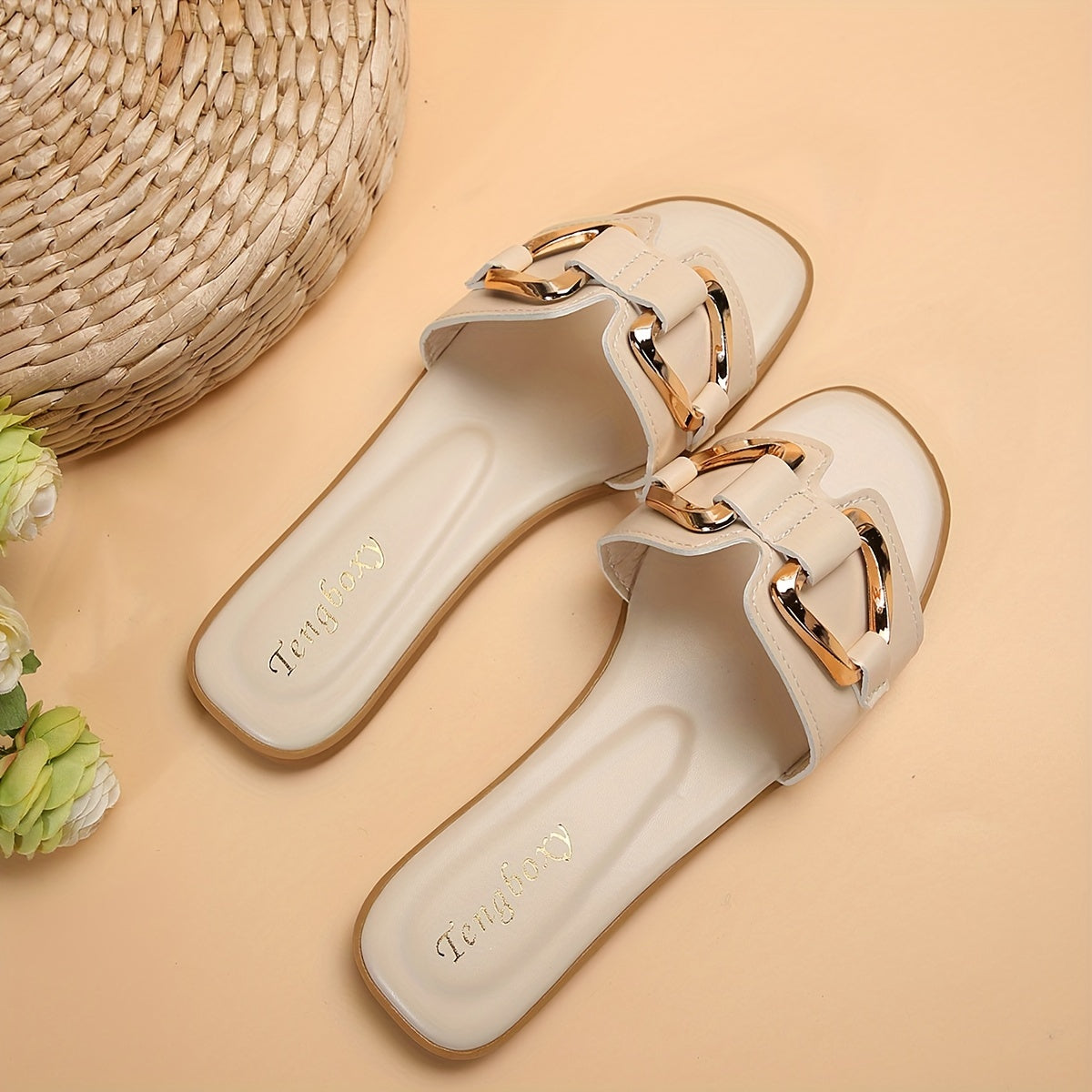 Women's Metallic Buckle Decor Slides, Fashionable Square Open Toe Summer Shoes, Casual Beach Flat Slides