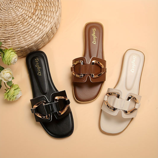 Women's Metallic Buckle Decor Slides, Fashionable Square Open Toe Summer Shoes, Casual Beach Flat Slides